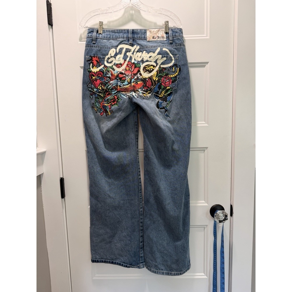 Vintage Y2K Ed Hardy Wide Leg Jeans Size 28 Tattoo Graphic Koi Tiger Dragon 32" - Picture 3 of 10